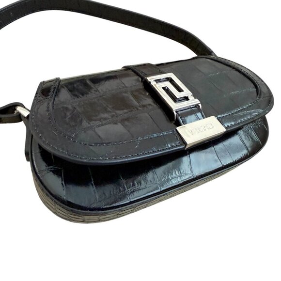 Versace 1010951 Crocodile-Embossed Black Leather Mini Bag - Picture 6 of 13